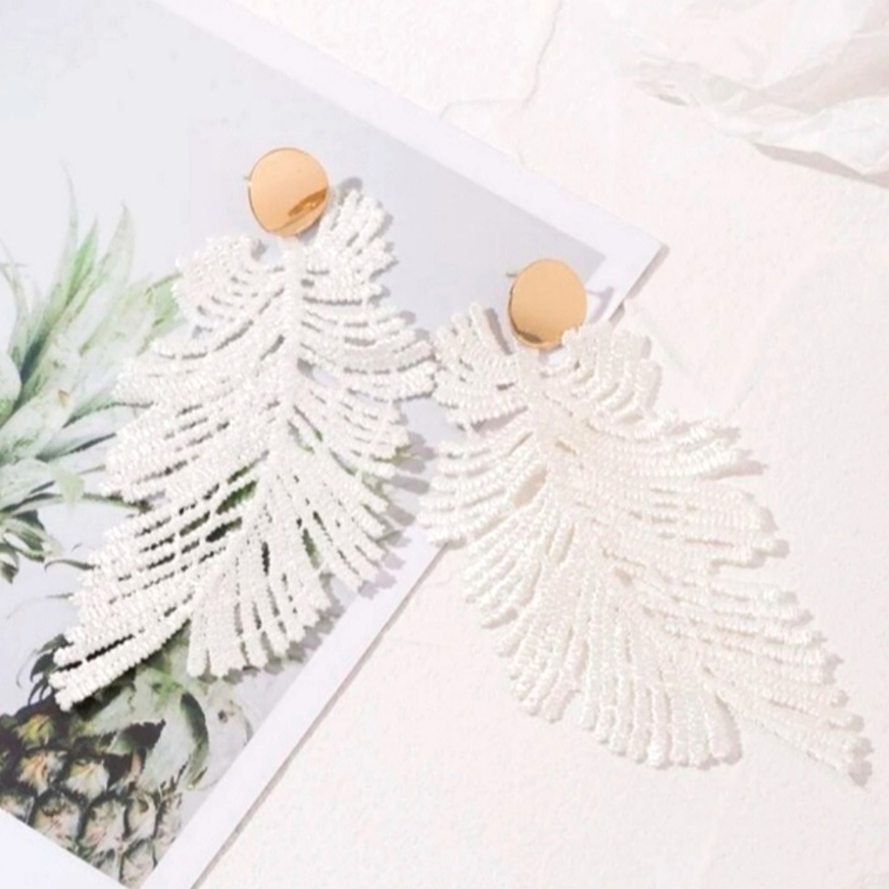 Bohemian Soft White Embroidered Feather Earrings with Gold Studs